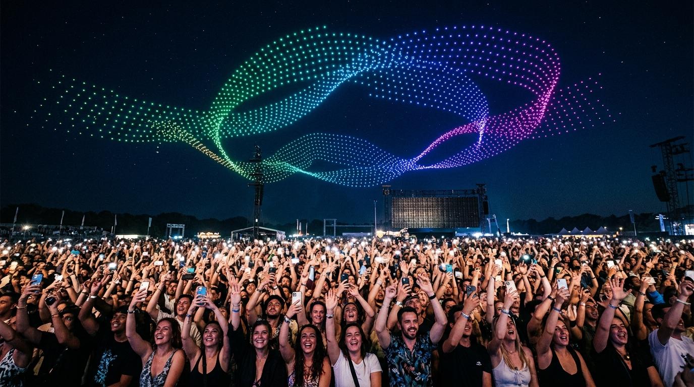 A crowd holding phones that glow in sync during a live drone show