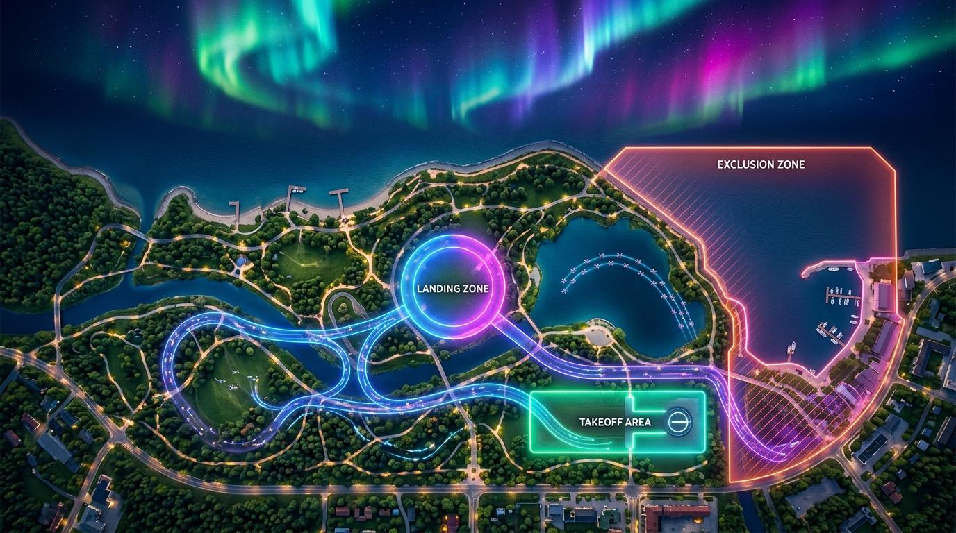 A layered show safety map with flight paths and airspace overlays