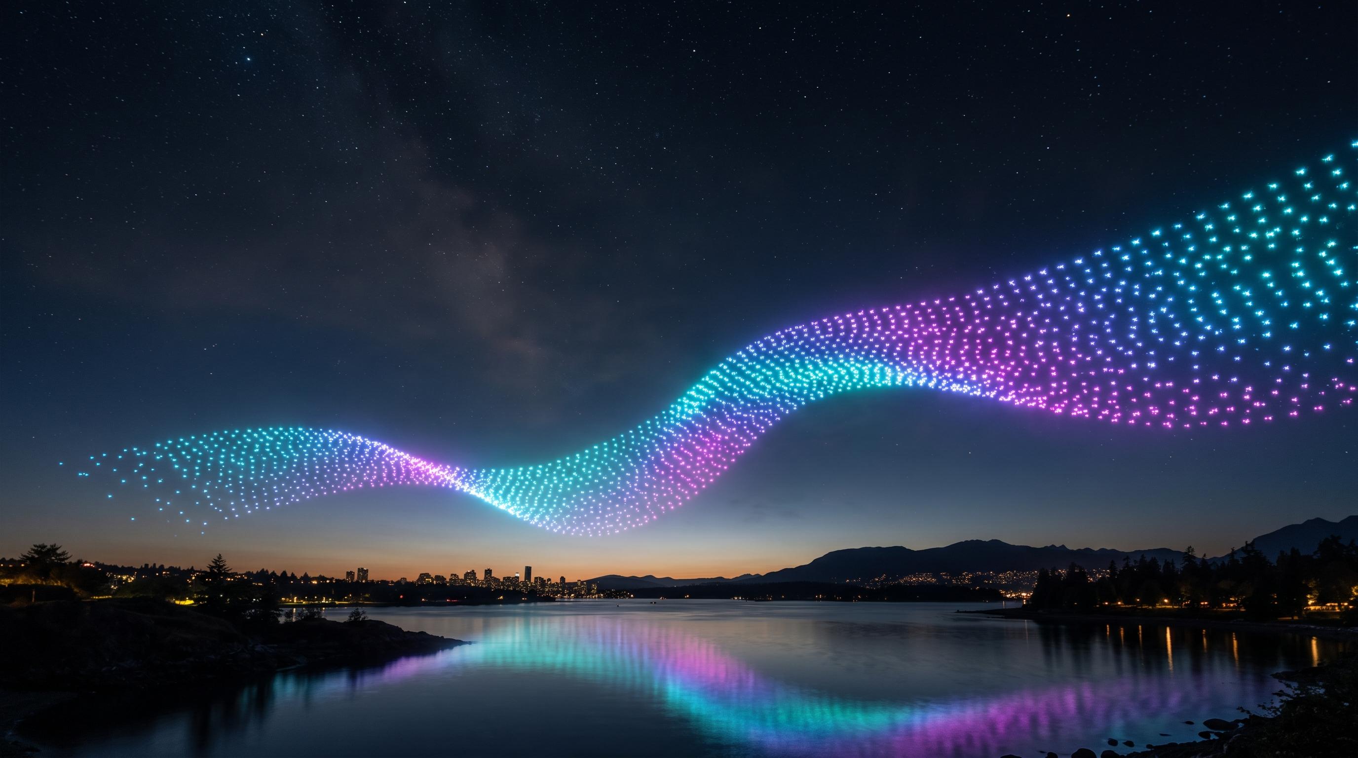 A swarm of lit drones drawing an aurora across the night sky