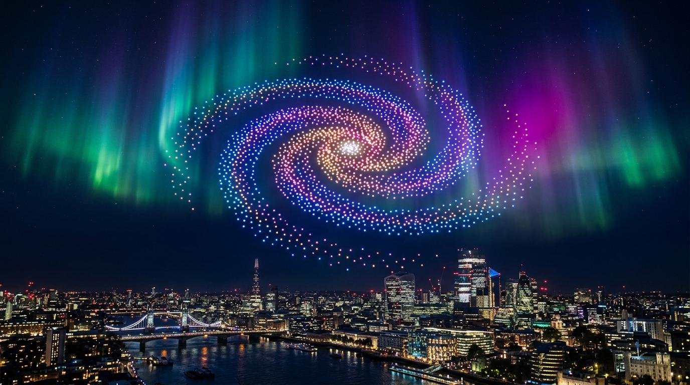 A luminous drone formation arcing over a night skyline