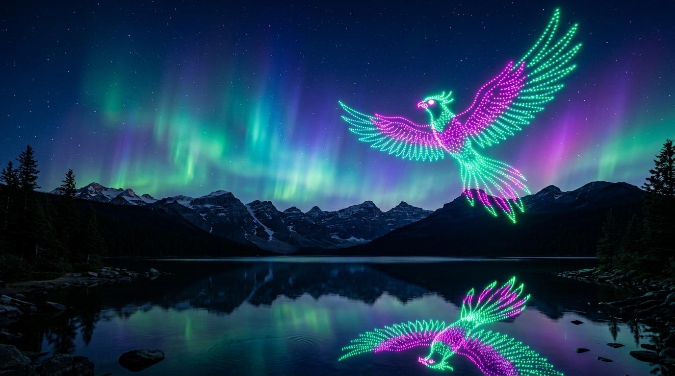 Drones forming a celebratory shape against the stars