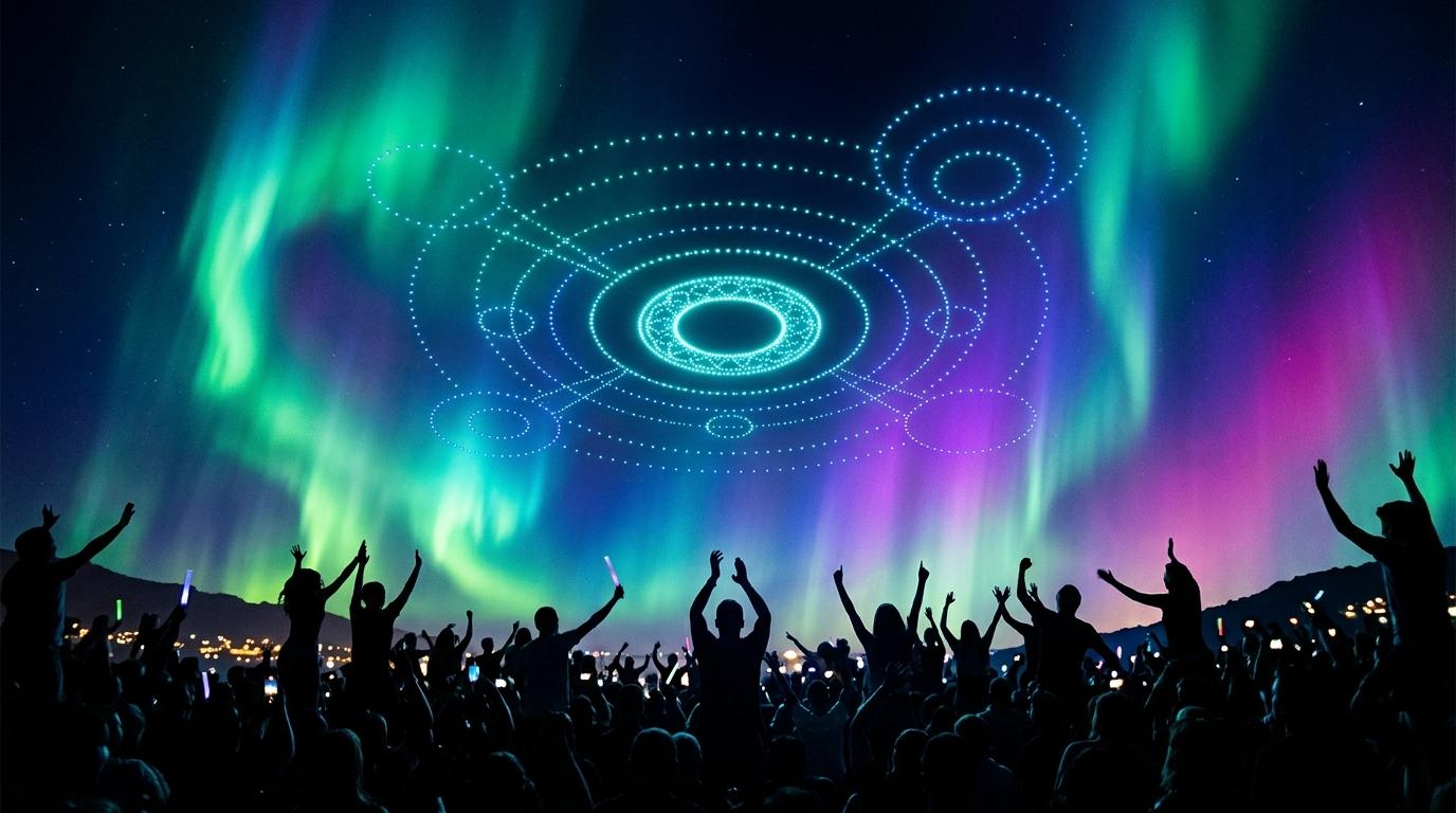 A wide community drone display over a gathered crowd