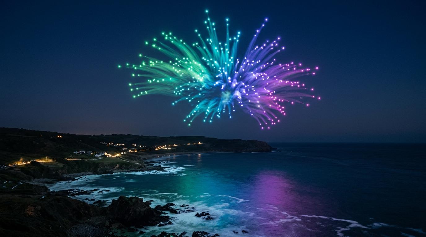 An intricate drone-show pattern shimmering in the dark