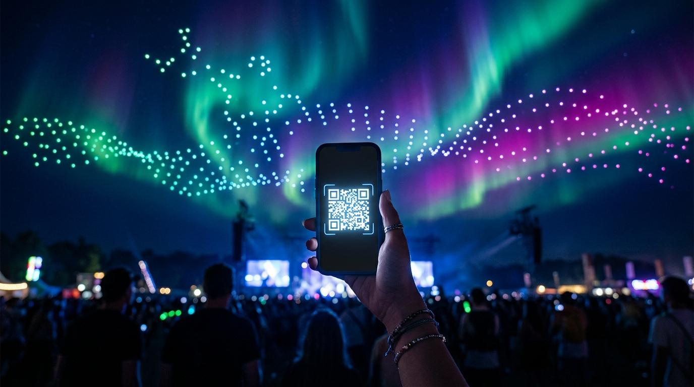 A live audience joining a synced broadcast via QR code at showtime